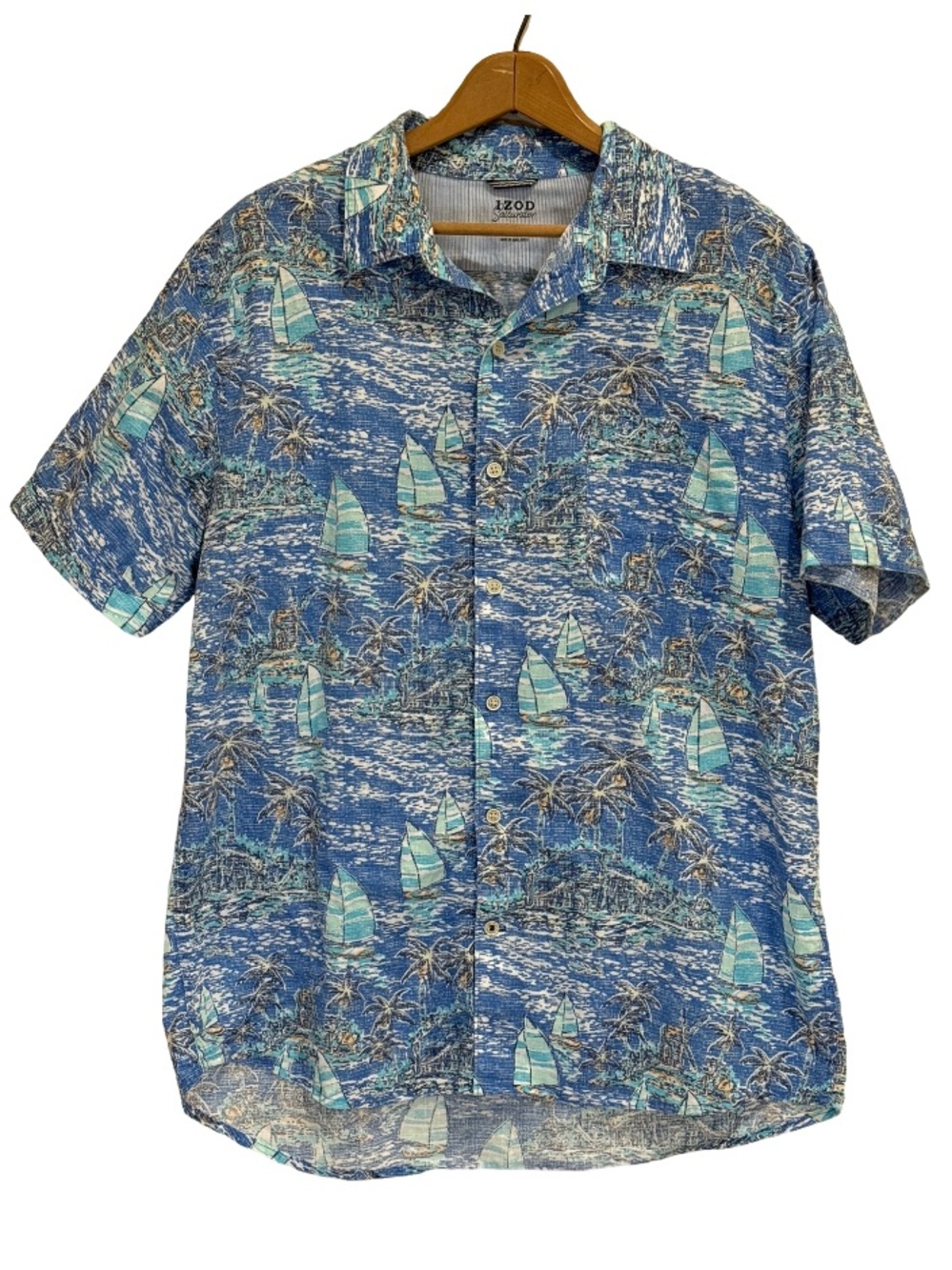 IZOD Saltwater Sailboat Palm Tree Tropical Button Down Shirt XL Blue Cotton